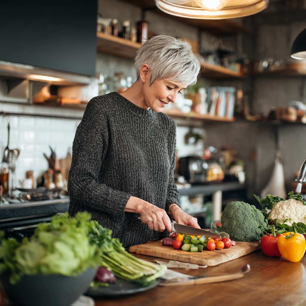 Middle-aged woman preparing healthy nutritious meal in modern kitchen