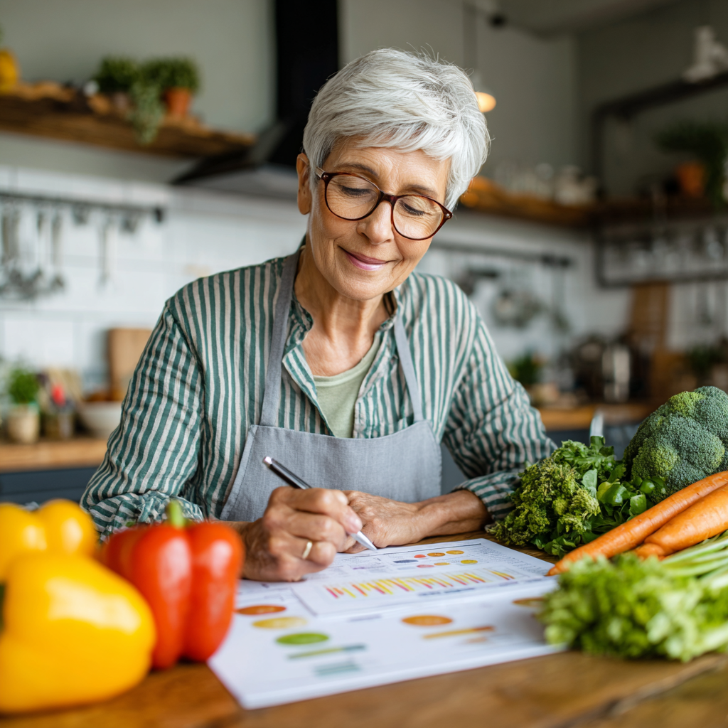 Senior nutritionist working with healthy meal planning charts and fresh vegetables